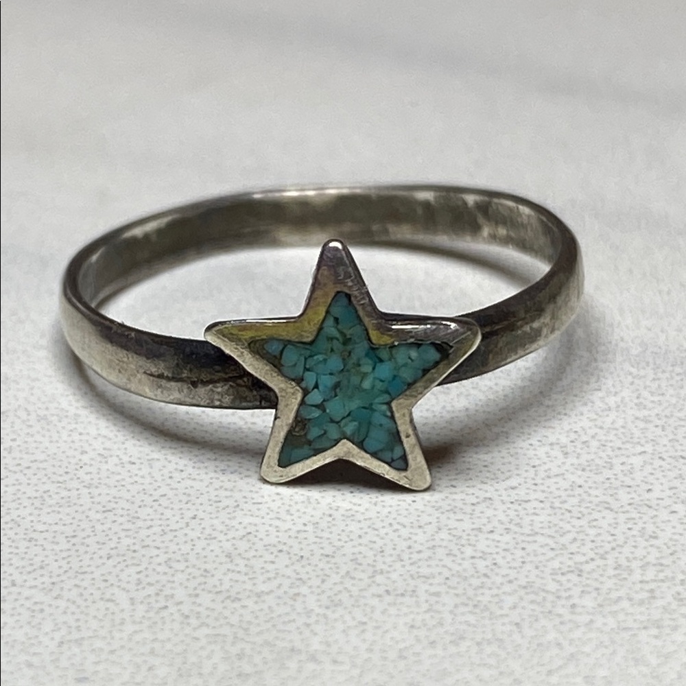 Sterling Silver Star Ring with Turquoise Inlay 925 Size‎ 6